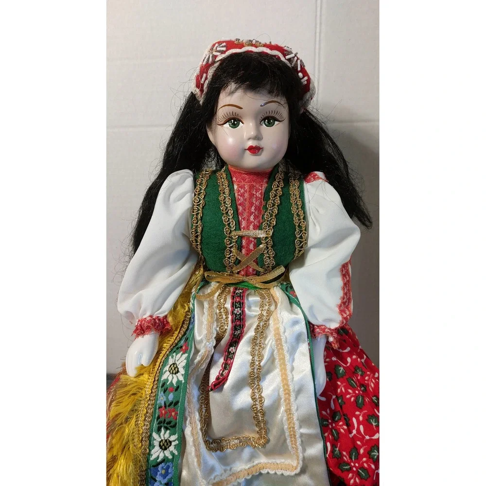 Porcelain Doll Folk Art 16in Red Great Traditional Costume Seated